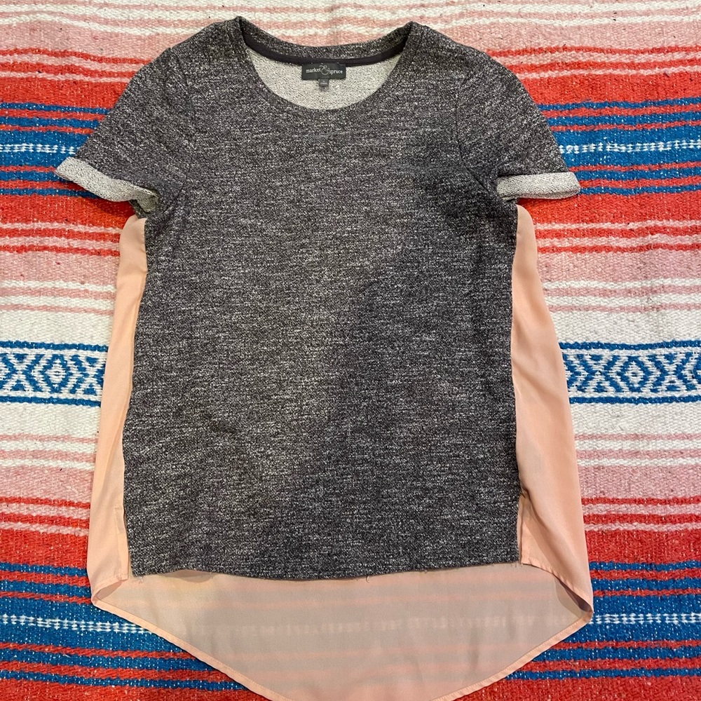 Market & Spruce Shirt Top Sz S Xander Gray Peach Cuffed French Terry Boxy Hi Lo